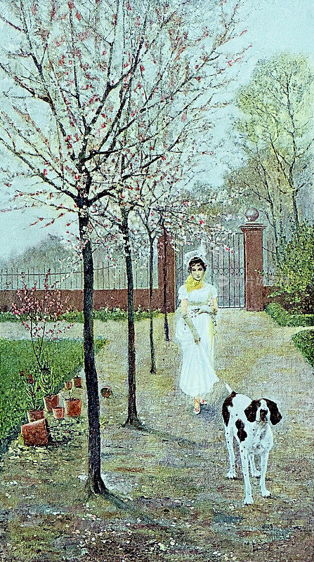 在盛开的樱花园里，穿着白色长裙的年轻女士用皮带牵着她的达尔马提亚犬