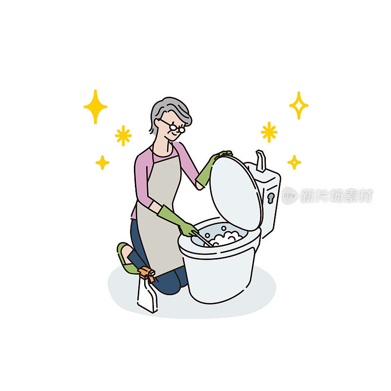 老年妇女清洁厕所(用马桶刷清洁)