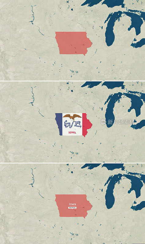 爱荷华州的地图，有文字，无文字，还有国旗