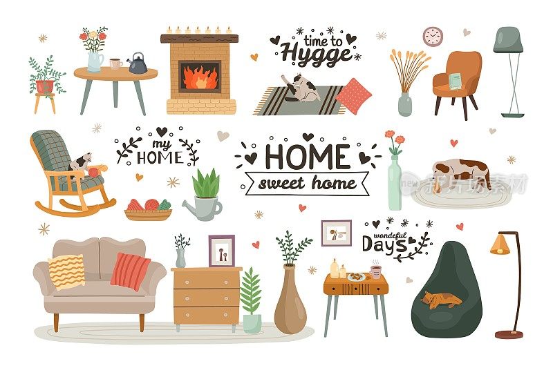 Hygge家具。舒适的公寓。甜蜜的家居元素集。宠物在地毯上。植物和花。舒服的沙发上。书架和壁炉。扶手椅和枕头。矢量动画背景