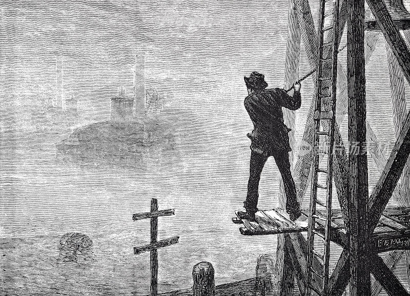 纽约,渡船钟,一个雾铃鸣钟者引导渡船进入码头,1871年