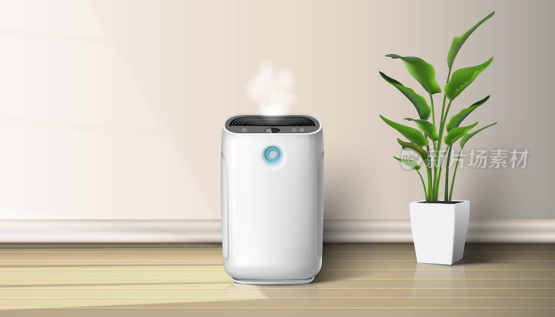 现实矢量空气净化器在室内的木地板背景插图与室内植物在地板上。室内空气净化加湿装置。