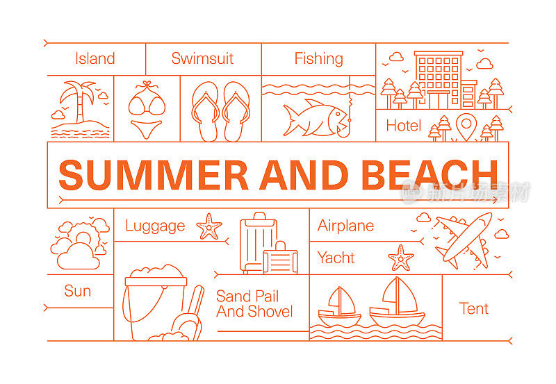 夏天和海滩线图标集和横幅设计