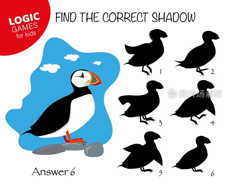 找到正确的影子海雀。可爱的卡通海鸟。卡通人物教育配对游戏。
