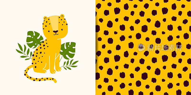 矢量集合-印刷与可爱的猎豹性格加上无缝模式与动物的皮肤