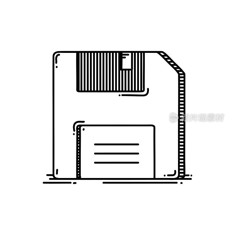 软盘线图标，草图设计，像素完美，可编辑笔画。计算机技术，存储，数据。
