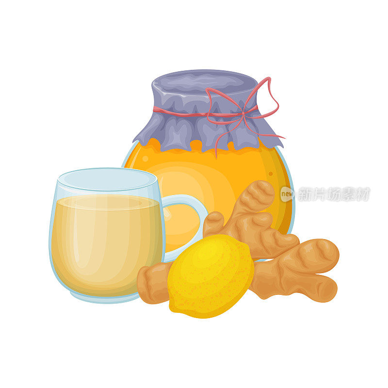 蜂蜜加茶，柠檬和姜。蜂蜜在玻璃罐里。香甜的药用甜点。矢量图