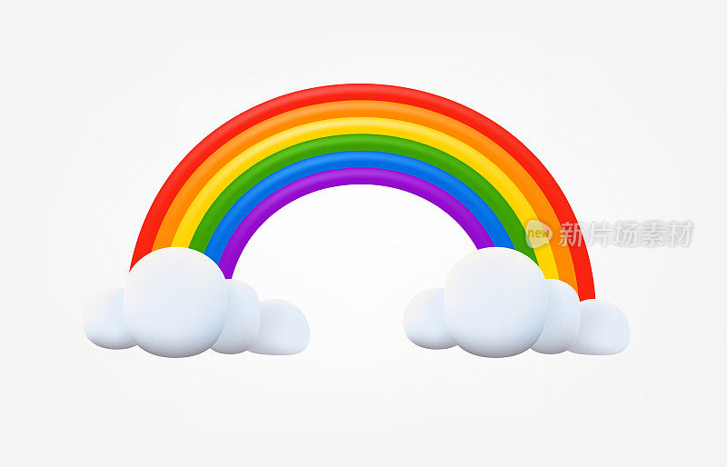 彩虹与云的天气概念。预测三维矢量插图孤立在白色背景上