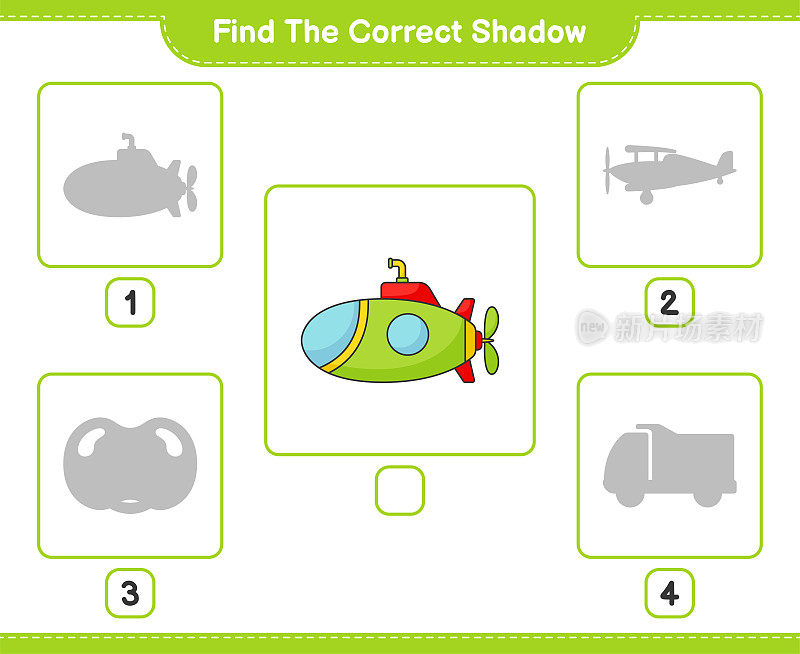 找到正确的阴影。找到并匹配潜艇的正确阴影。教育儿童游戏，可打印的工作表，矢量插图