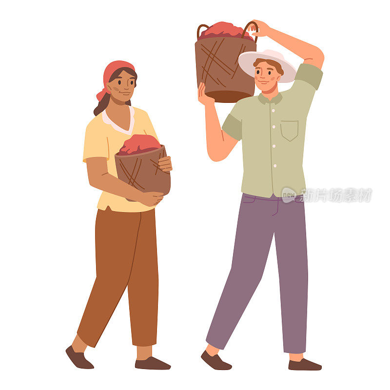 咖啡的生产、种植和运输过程。孤立的人们扛着肩上扛着豆子的篮子。农业生产者。平面矢量