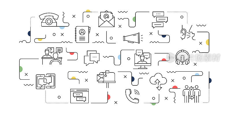 传播相关的矢量横幅设计概念，现代线条风格与图标