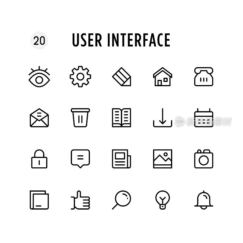 用户界面线图标集。可编辑的中风。像素完美。
