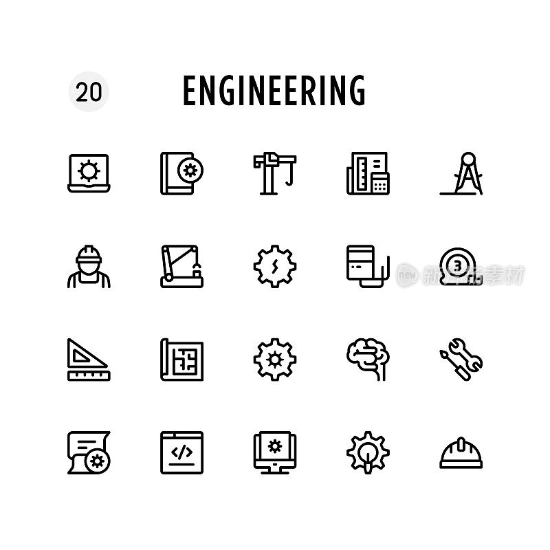 工程线图标集。可编辑的中风。像素完美。