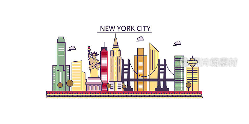 美国纽约市旅游地标，矢量城市旅游插图