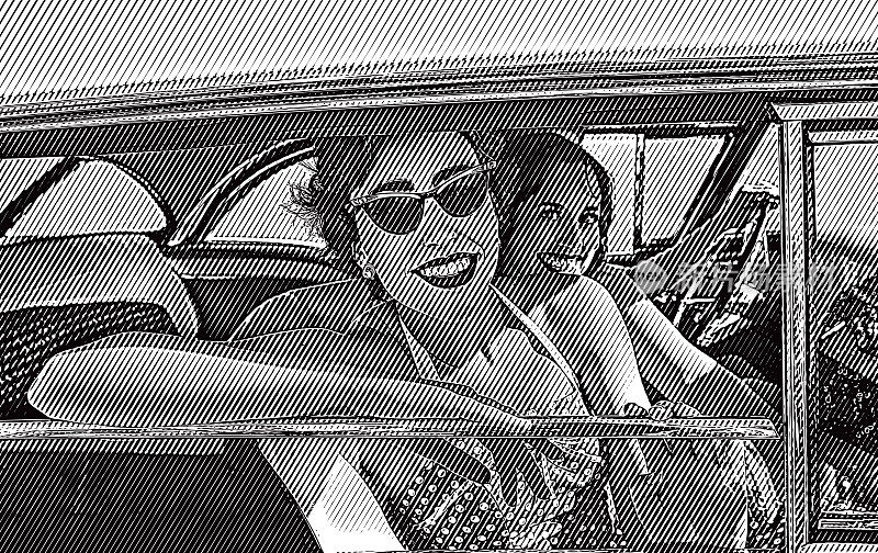 1950年的女人和老爷车在公路旅行