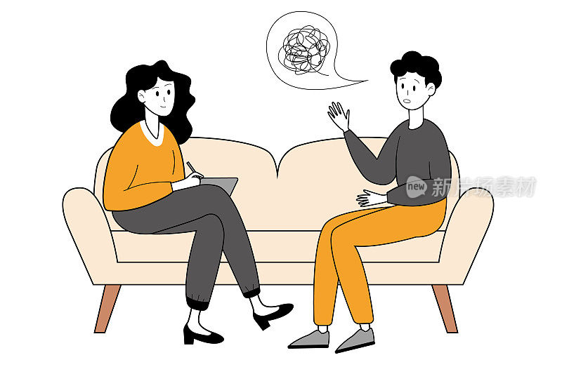 情感和心理支持。男人坐在沙发上和心理学家谈话。矢量插图。
