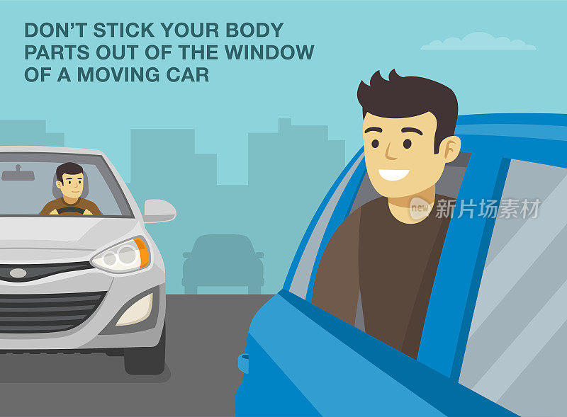 在行驶的车辆上，不要将身体部位伸出车窗外。鲁莽的乘客从车窗后探出身子。