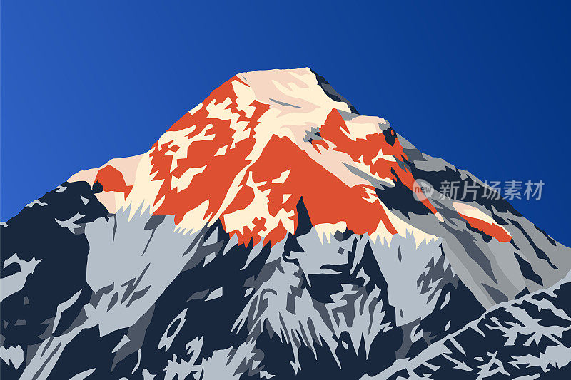 傍晚山顶的道拉吉里山矢量插图标志，尼泊尔喜马拉雅山脉