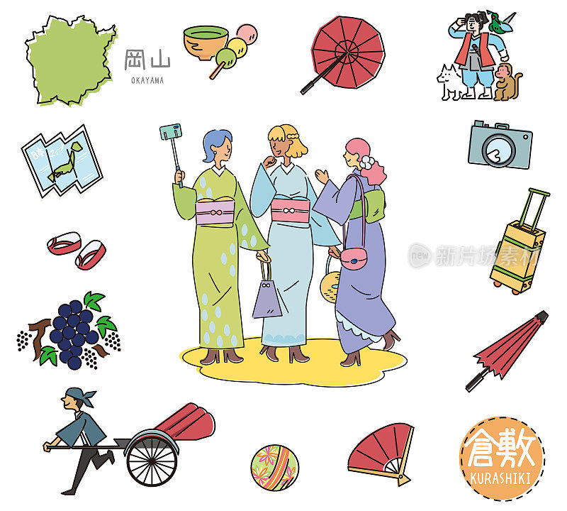 日本冈山仓敷著名景点图标及和服女性友人(线描)