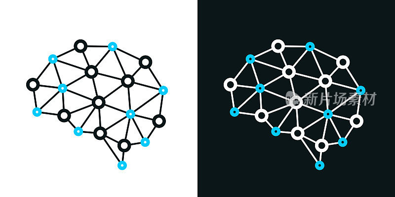 人工智能大脑。黑色或白色背景上的双色线图标-可编辑的笔画