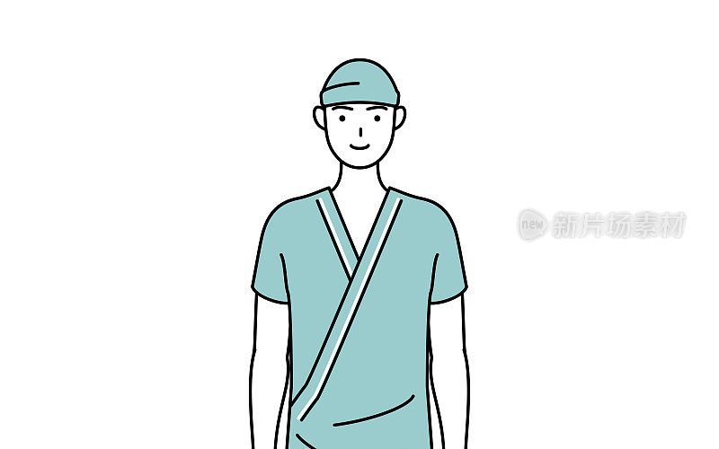 住院的男性病人穿着医院的长袍，面朝前微笑