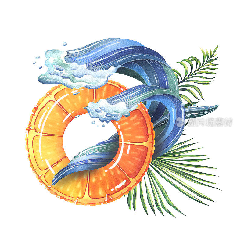 充气游泳圈，橙色印花，海浪和热带棕榈叶。水彩插图，手绘。白色背景上孤立的构图。