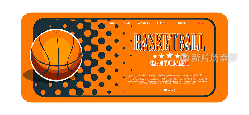 篮球游戏网页或模板在平面风格。篮球在一个抽象的彩色复古背景。