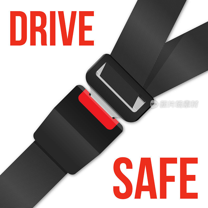 安全驾驶横幅。安全乘客安全带。用扣件和白色背景上的黑色带子挡住。矢量图