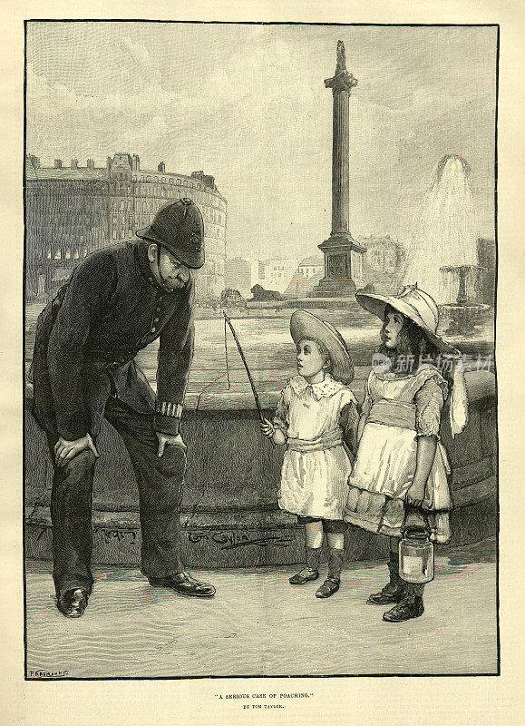 19世纪1891年，维多利亚时代的伦敦，一名警察在特拉法加广场训斥两个钓鱼的孩子