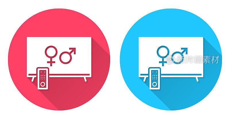 带有性别符号的电视。圆形图标与长阴影在红色或蓝色的背景