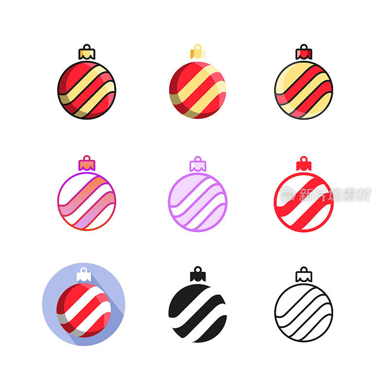 圣诞球图标。9种不同的风格