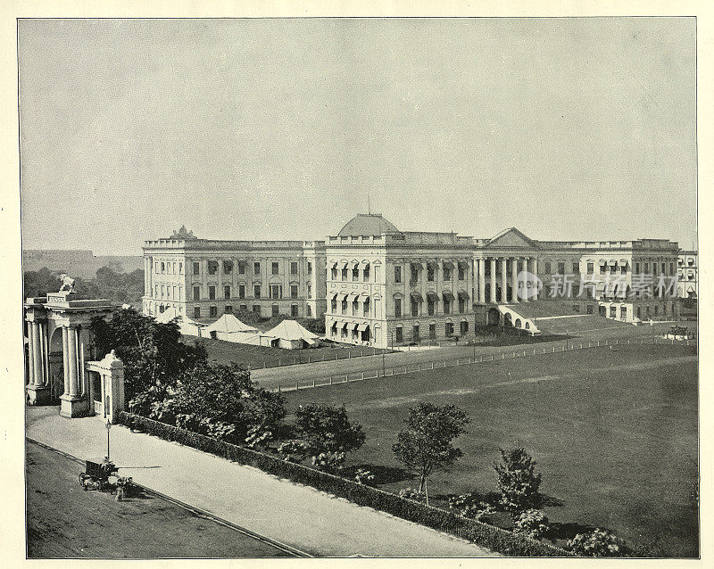 19世纪90年代，维多利亚时代，印度加尔各答，政府大楼的复古照片