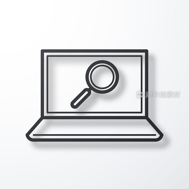 笔记本电脑上的放大镜。线图标与阴影在白色背景