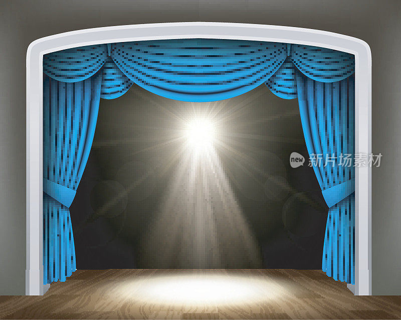 古典剧场的蓝色窗帘，木地板上的聚光灯