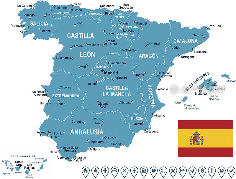西班牙-地图，旗帜和导航标签-插图