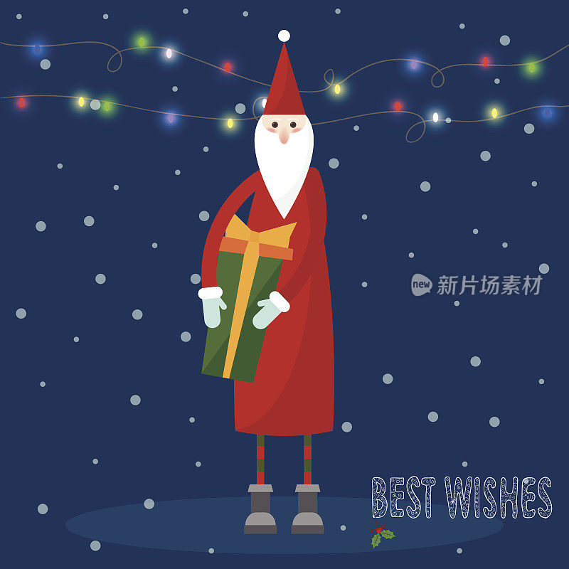 圣诞老人带礼物的插图，手绘祝福和闪亮的灯光