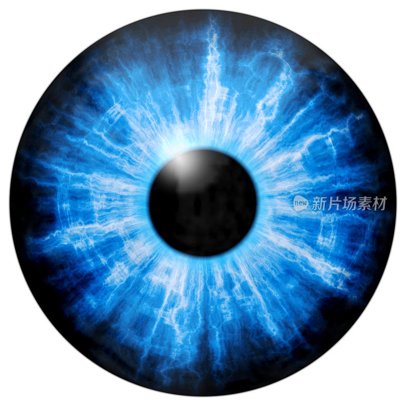 蓝色眼睛虹膜的插图，光线反射。