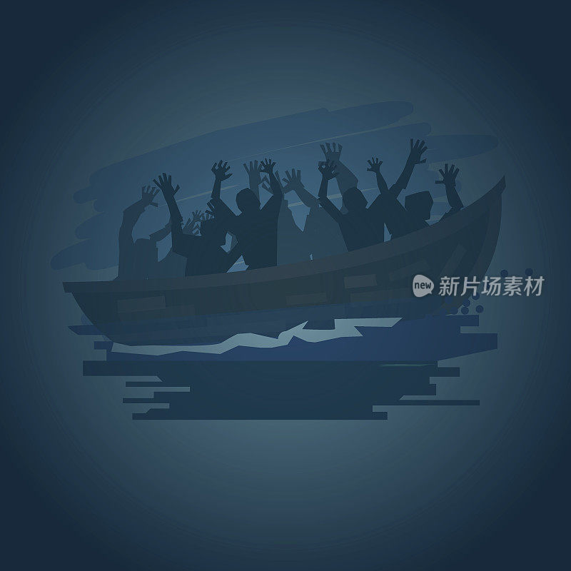 难民们在波涛汹涌的海面上乘着一艘小船，向着美好的生活理念前进