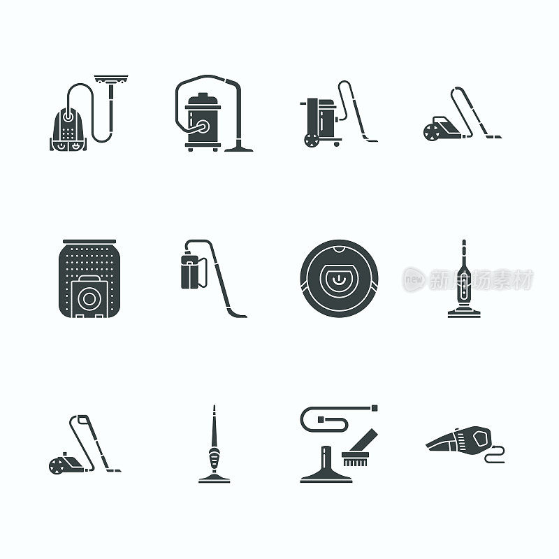 真空吸尘器平面字形图标。不同的真空类型-工业，家用，手持，机器人，筒，湿干燥。家居用品店的招牌