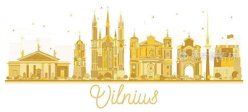 维尔纽斯立陶宛城市天际线金色剪影。