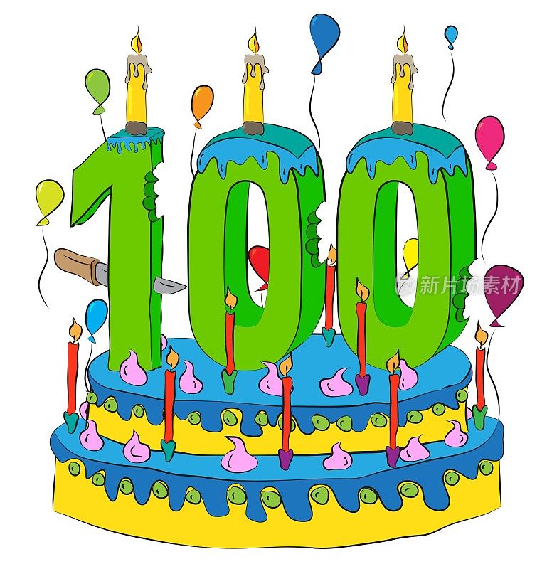 100生日蛋糕与数字百蜡烛，庆祝百年生命，彩色气球和巧克力涂层