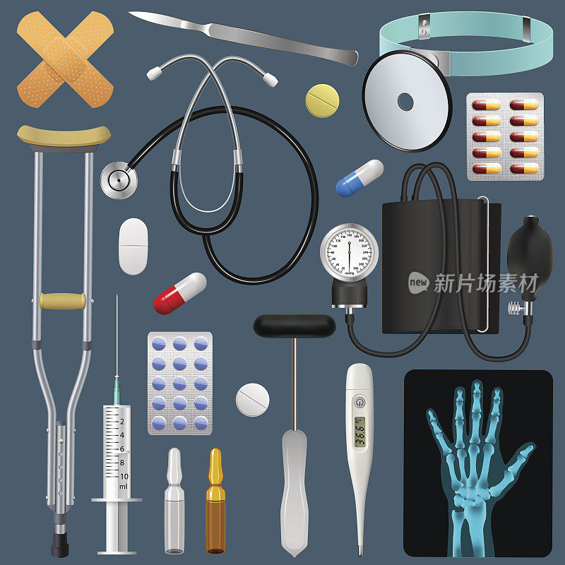 医疗设备工具和药品集。医学、创伤学、外科和急救。现实的具体对象。向量