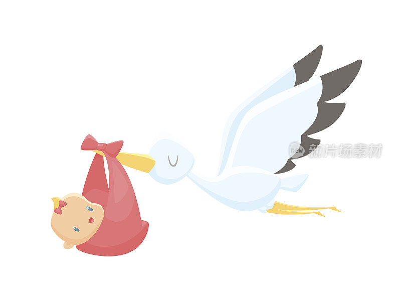卡通鹳携带婴儿女孩矢量插图