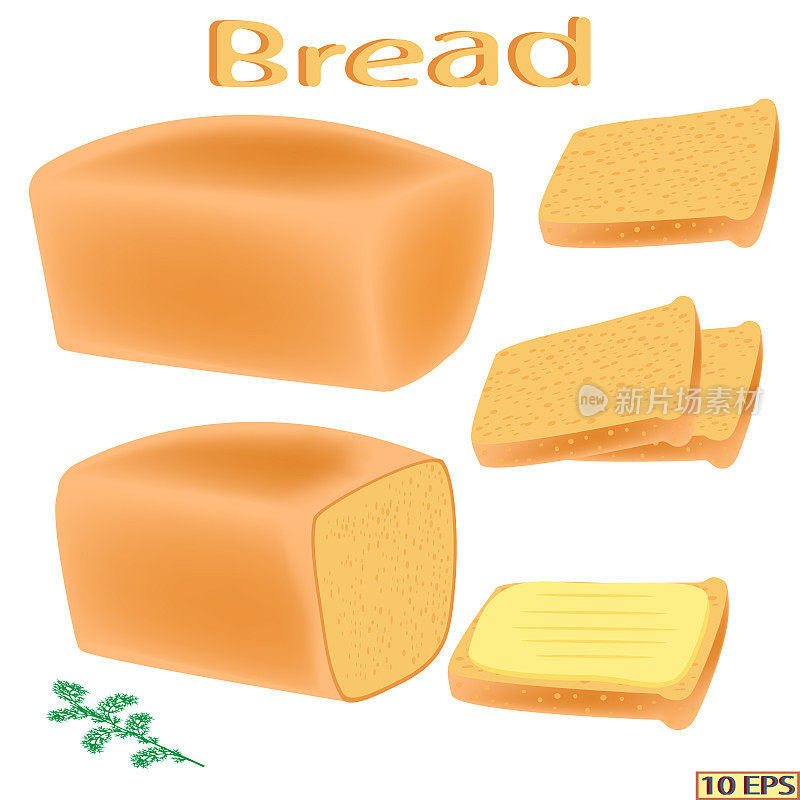条面包。切成薄片的面包。三明治。面包和黄油。矢量插图食谱，菜单餐厅，厨房内部