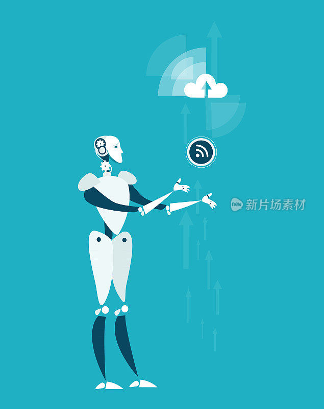 RPA机器人进程自动化概念演示。手持wifi符号的机器人