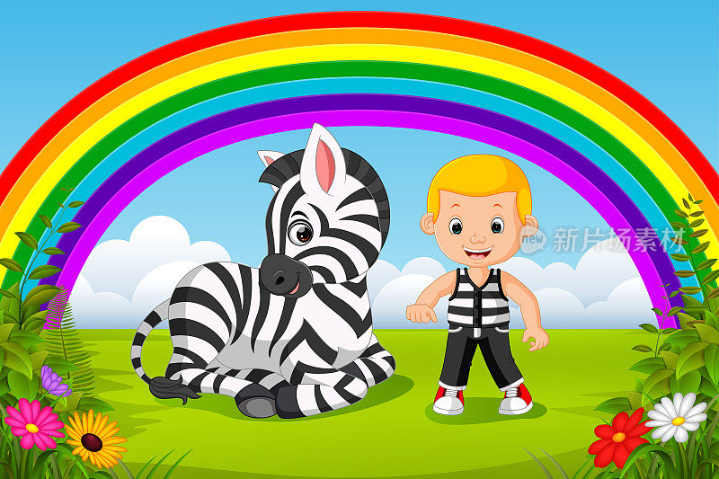 可爱的男孩和斑马在公园与彩虹的场景