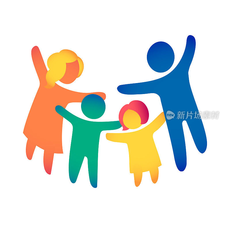幸福家庭的图标在简单的数字多色。两个孩子，爸爸和妈妈站在一起。向量可以用作标识类型。