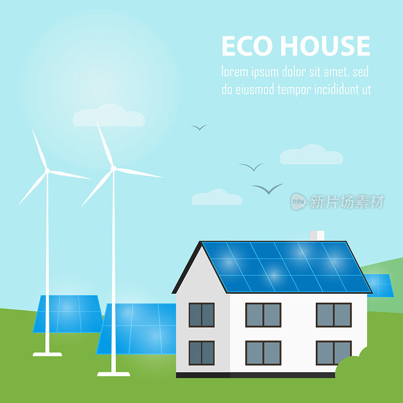 Eco房子旗帜。太阳能和风能发电