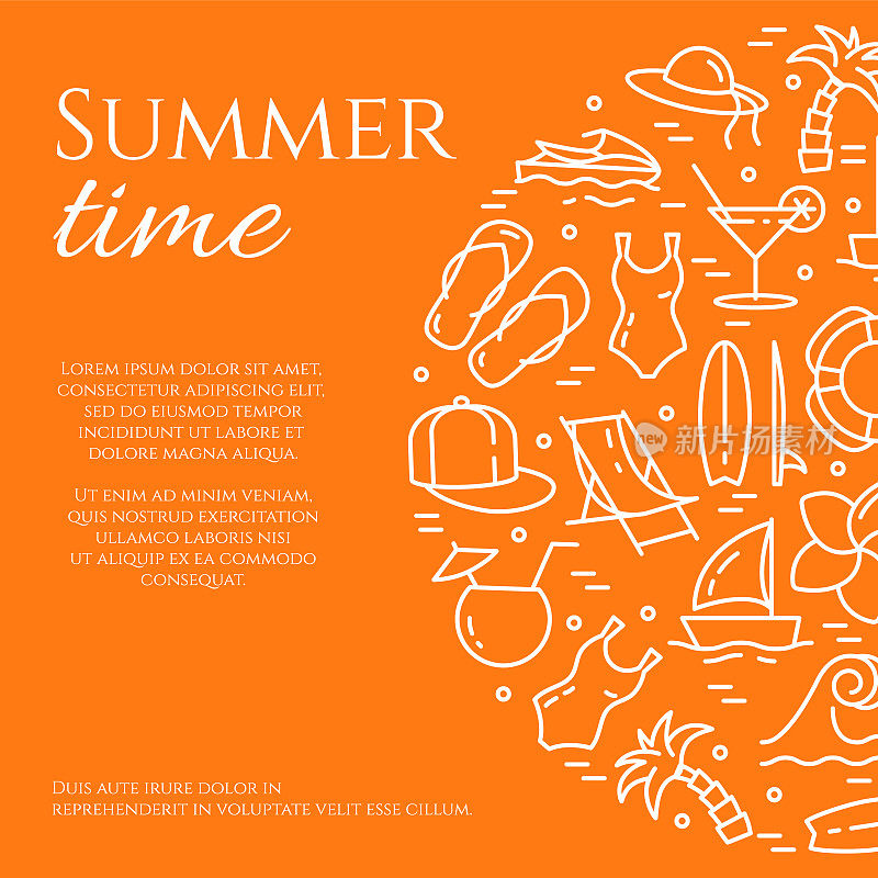 暑假橙色横幅与细线元素和复制空间。