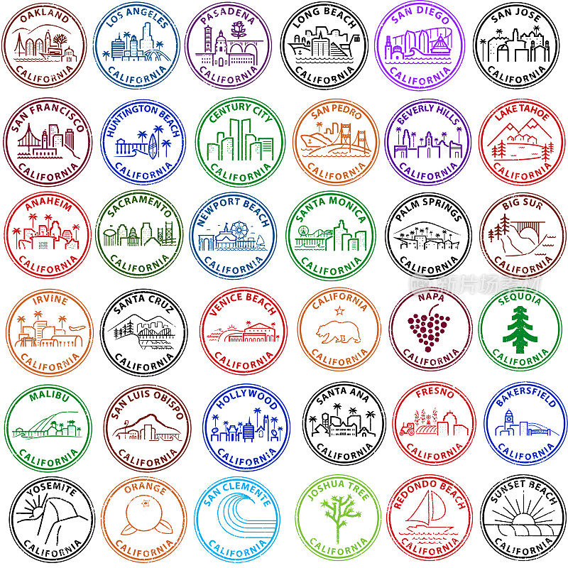 以邮票形式呈现的一系列加州城市和地点